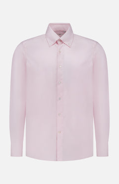 The Oxford Casual Fit Shirt by 100 HANDS is a light pink, long-sleeve button-up crafted from luxury cotton, featuring a classic collar and white buttons. Handmade in India, it is displayed against a plain white background.