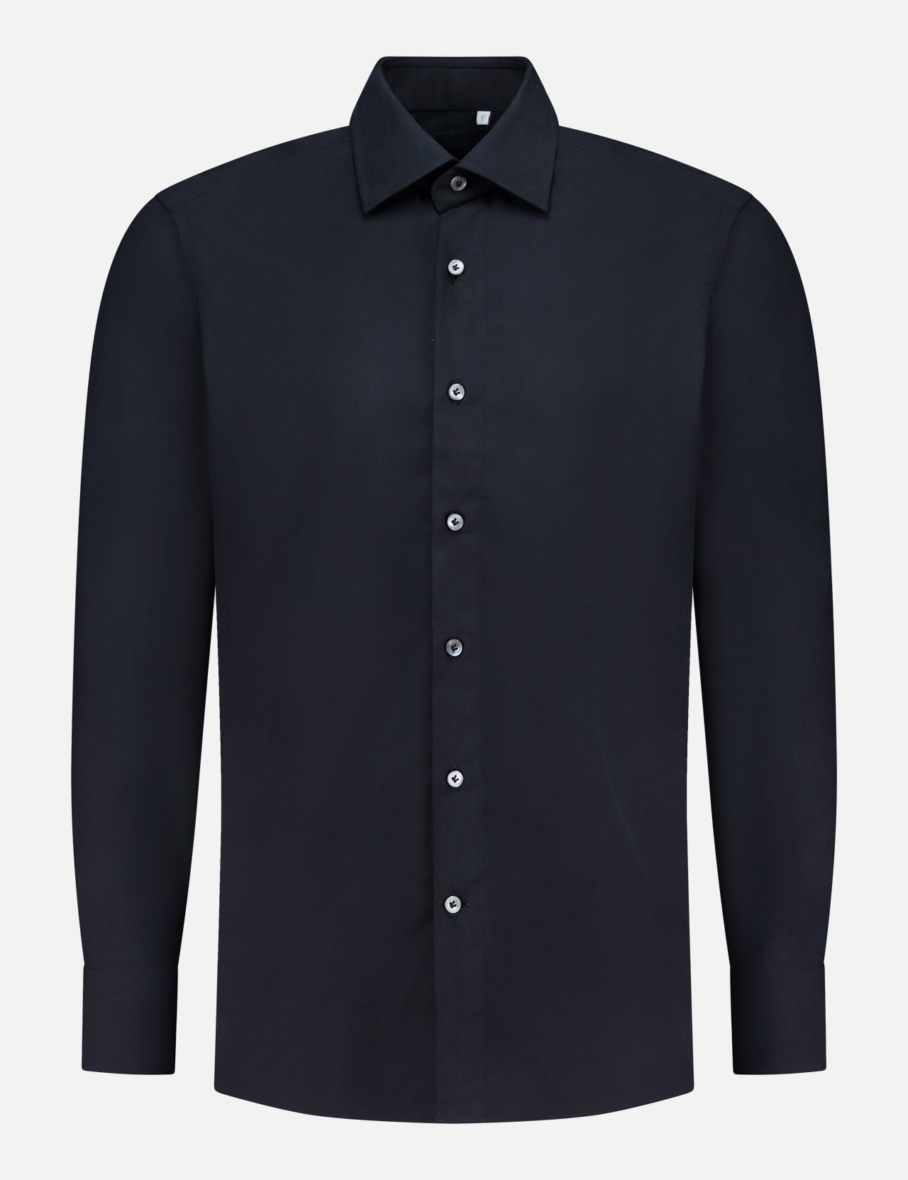 A plain black silk casual fit dress shirt by 100 HANDS, featuring a classic collar and white buttons, displayed on a white background in the brand’s signature timeless style.
