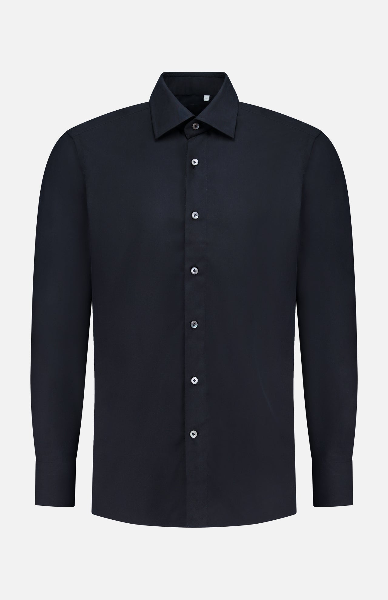 A plain black silk casual fit dress shirt by 100 HANDS, featuring a classic collar and white buttons, displayed on a white background in the brand’s signature timeless style.