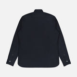A Silk Casual Fit Dress Shirt by 100 HANDS is displayed flat with the back side facing up, featuring a collar, buttoned cuffed sleeves, and a curved hem, set against a white background.