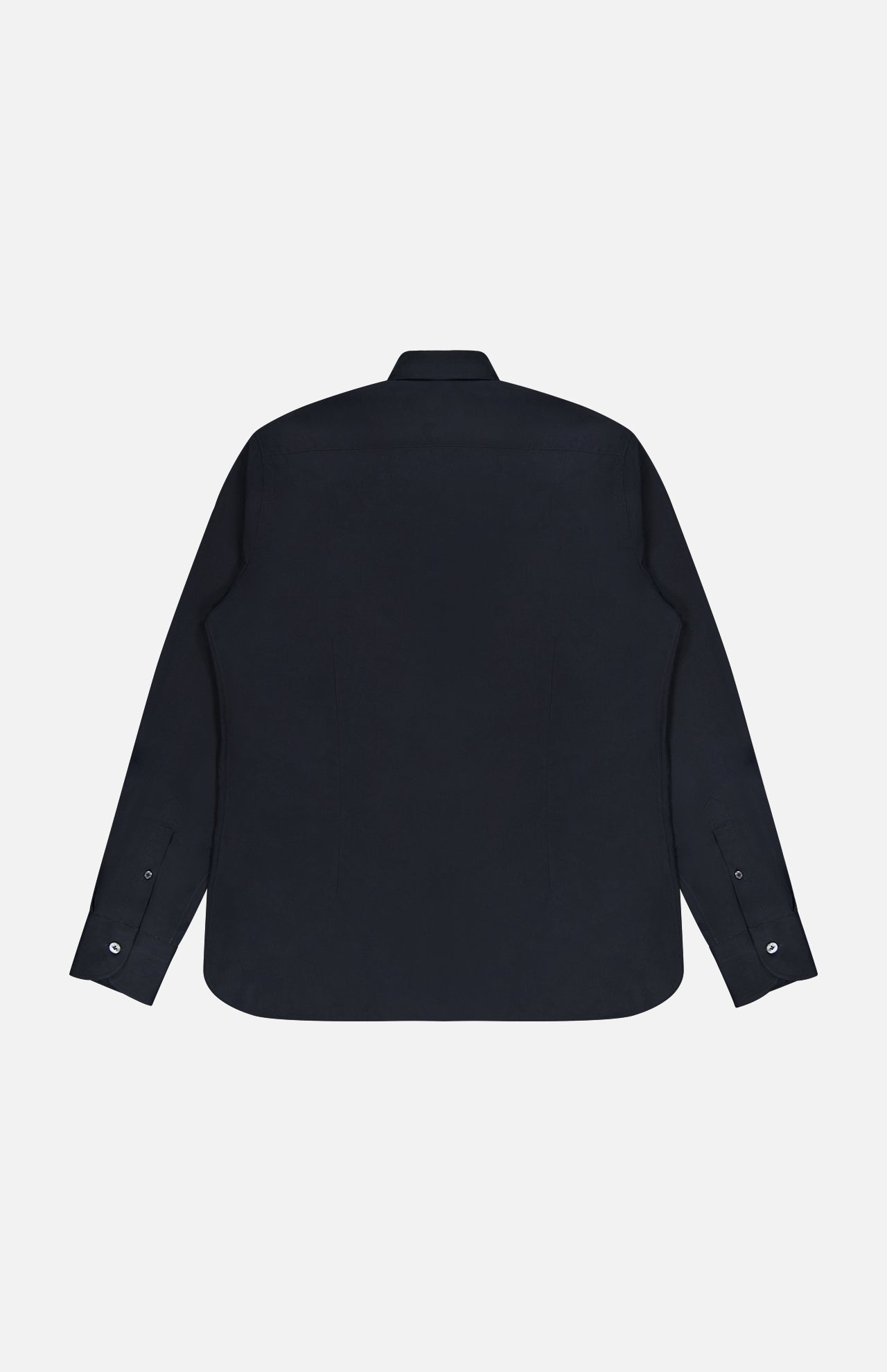 A Silk Casual Fit Dress Shirt by 100 HANDS is displayed flat with the back side facing up, featuring a collar, buttoned cuffed sleeves, and a curved hem, set against a white background.