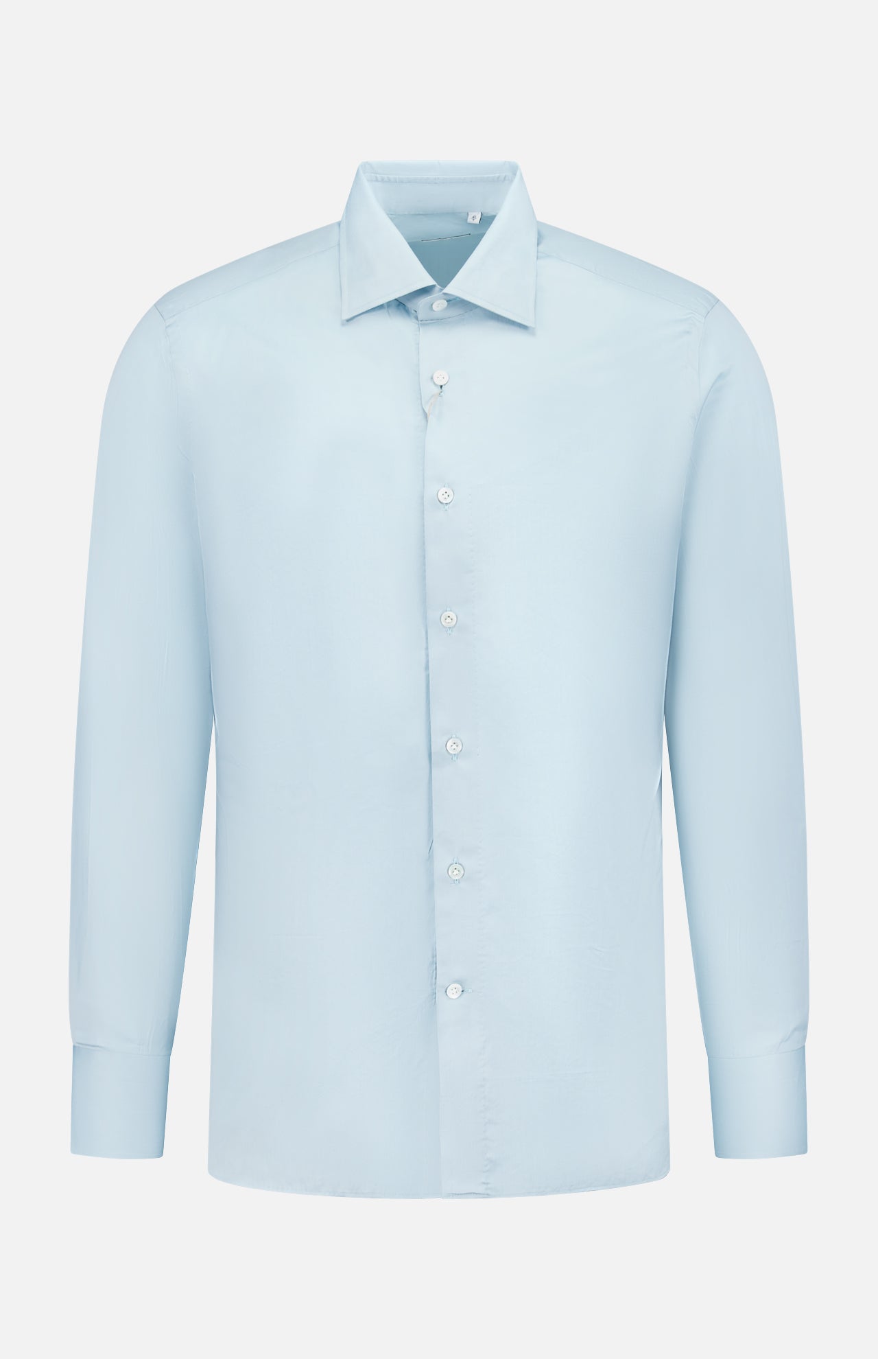 The 100 HANDS Silk Twill Dress Shirt is a light blue, long-sleeve button-up with a classic collar, crafted in India from a premium silk and cotton blend, displayed on a plain white background.