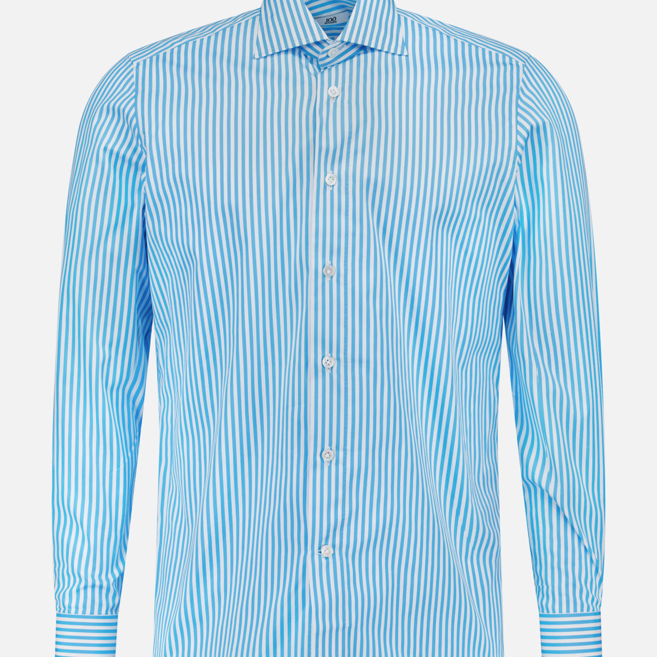 The 100 HANDS Stripe Cotton Shirt features blue and white vertical stripes, a collared neckline, long sleeves, and a button-down front. It’s made from 100% cotton and is shown against a plain white background.
