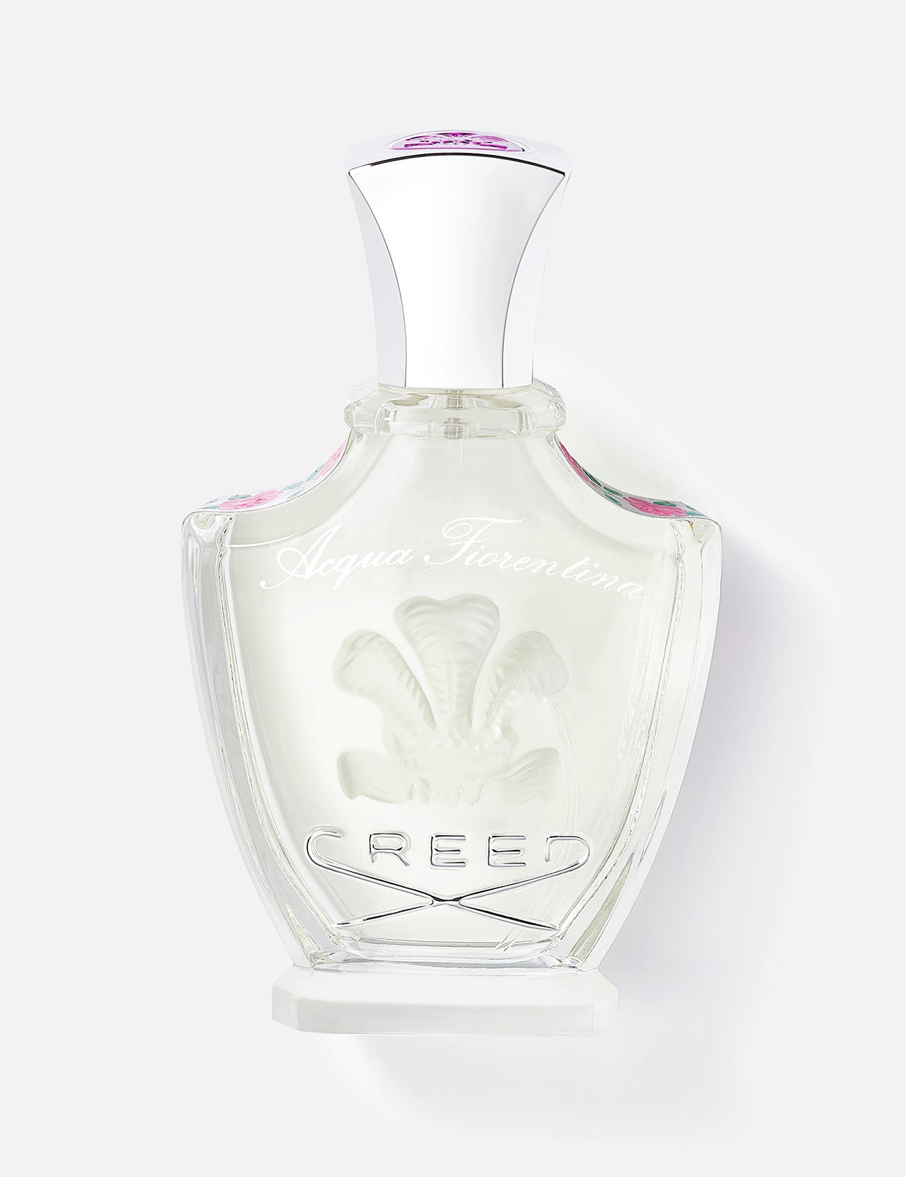 A clear 75ml CREED Acqua Fiorentina perfume bottle with a silver cap and embossed crest, inspired by 15th-century Florence and evoking fruity-floral Renaissance roses, shown against a plain white background.