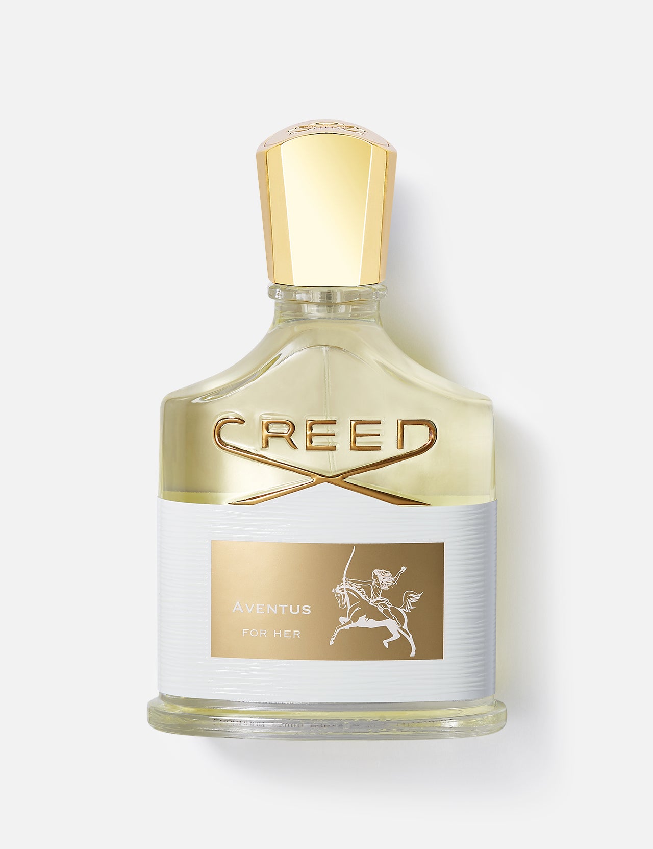 Aventus For Her 75ml by CREED: a clear glass bottle with a gold cap and label, featuring a white horse and rider illustration—a stunning women's fragrance.
