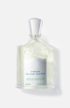 A 100 ml clear glass bottle of CREED Virgin Island Water Fragrance with a silver cap and white label featuring blue and green text, offering a tropical Caribbean scent.
