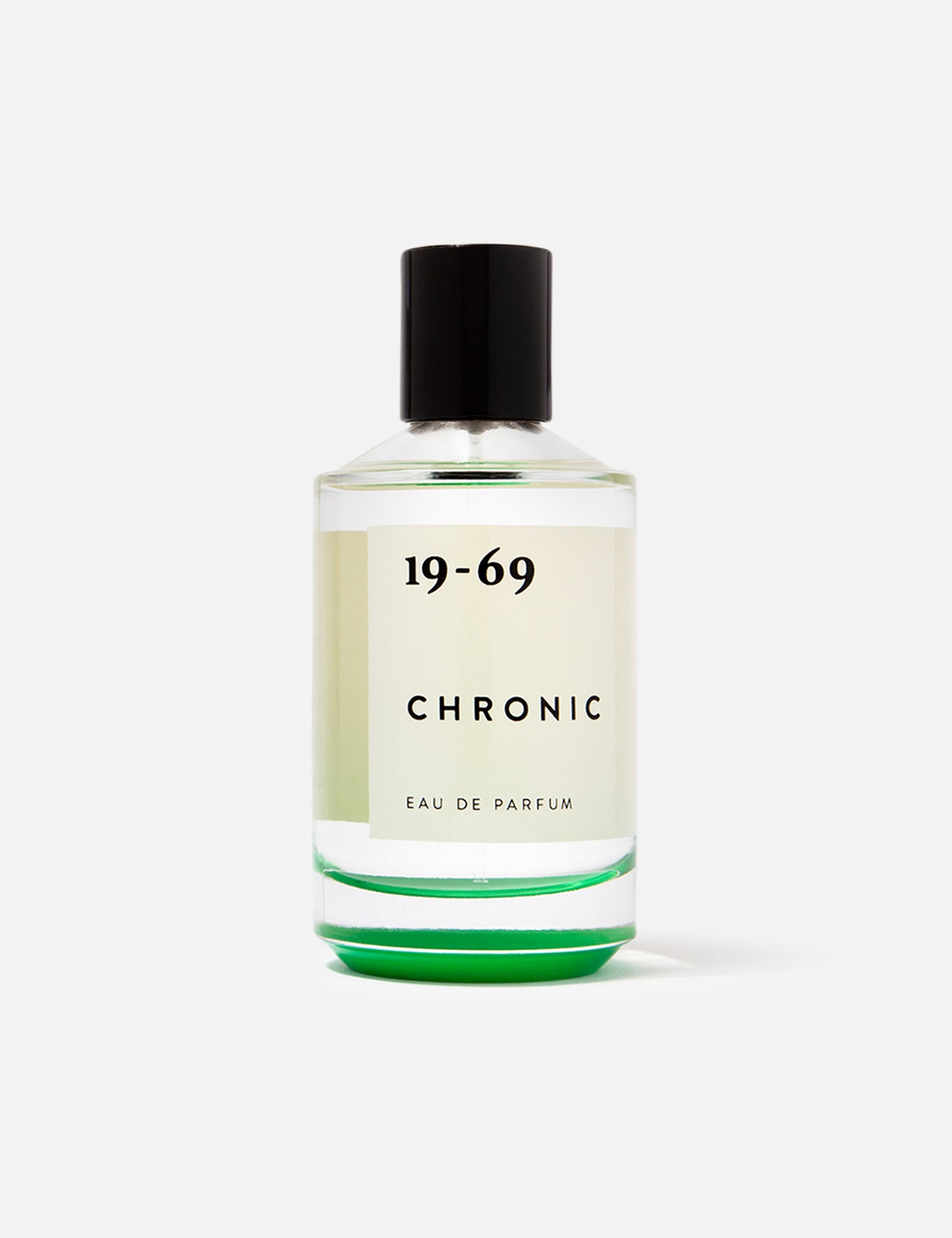 A 100 ml bottle of 19-69 Chronic EDP Fragrance, unisex and green-scented, with vivid green liquid, a black cap, and a white label with black text. The bottle is centered on a plain white background.