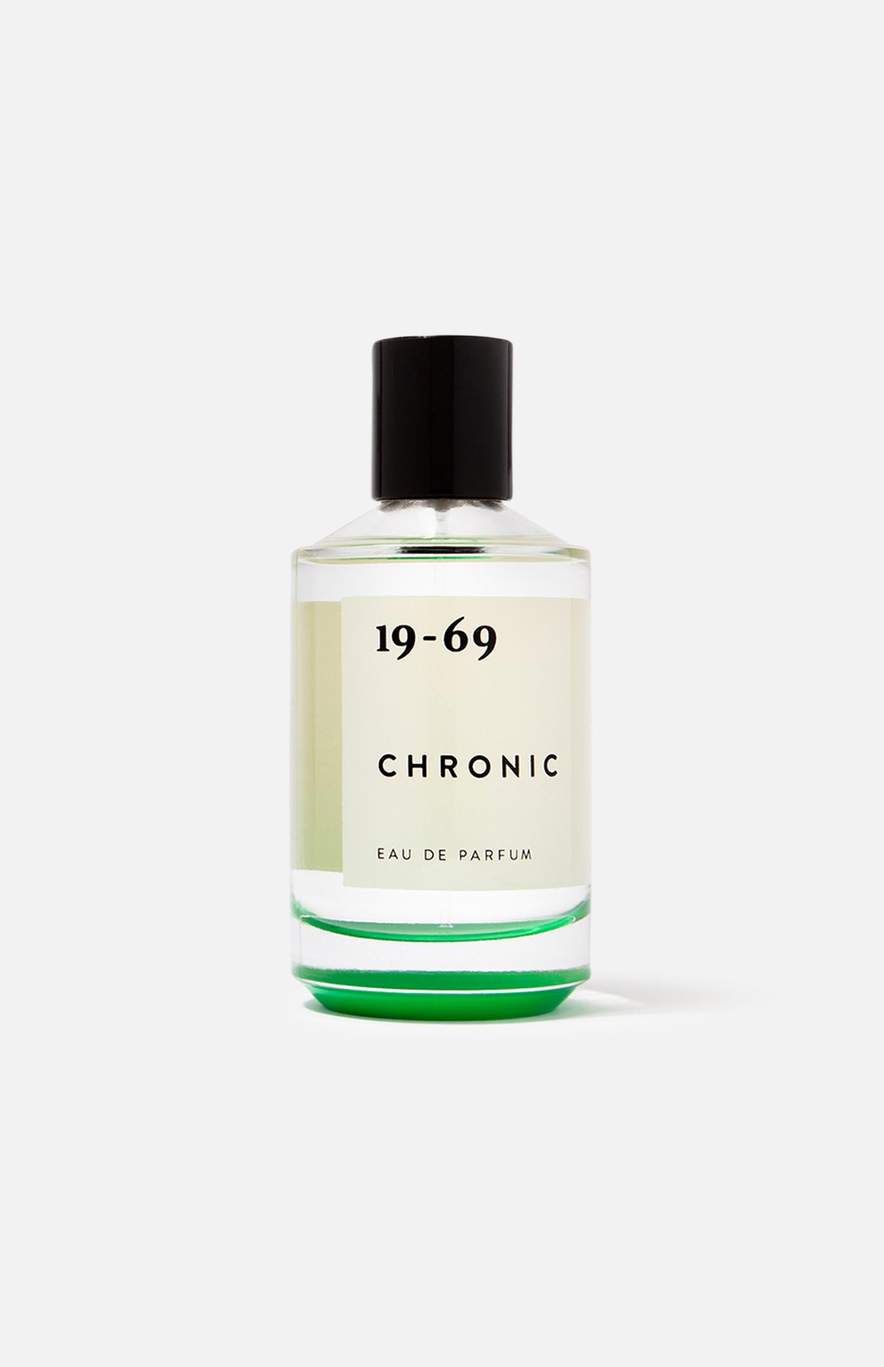 A 100 ml bottle of 19-69 Chronic EDP Fragrance, unisex and green-scented, with vivid green liquid, a black cap, and a white label with black text. The bottle is centered on a plain white background.