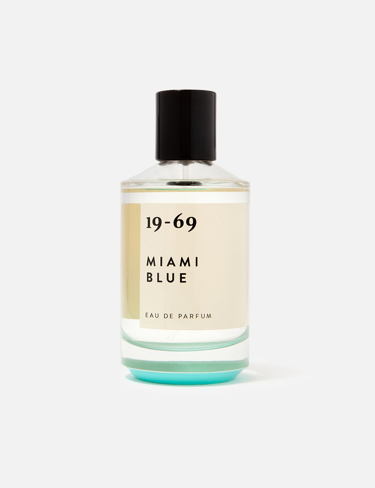 A clear glass bottle of 19-69 Miami Blu EDP 100 ml Fragrance—a unisex scent with fresh aquatic notes—features a black cap and minimalist label, displayed on a white background.