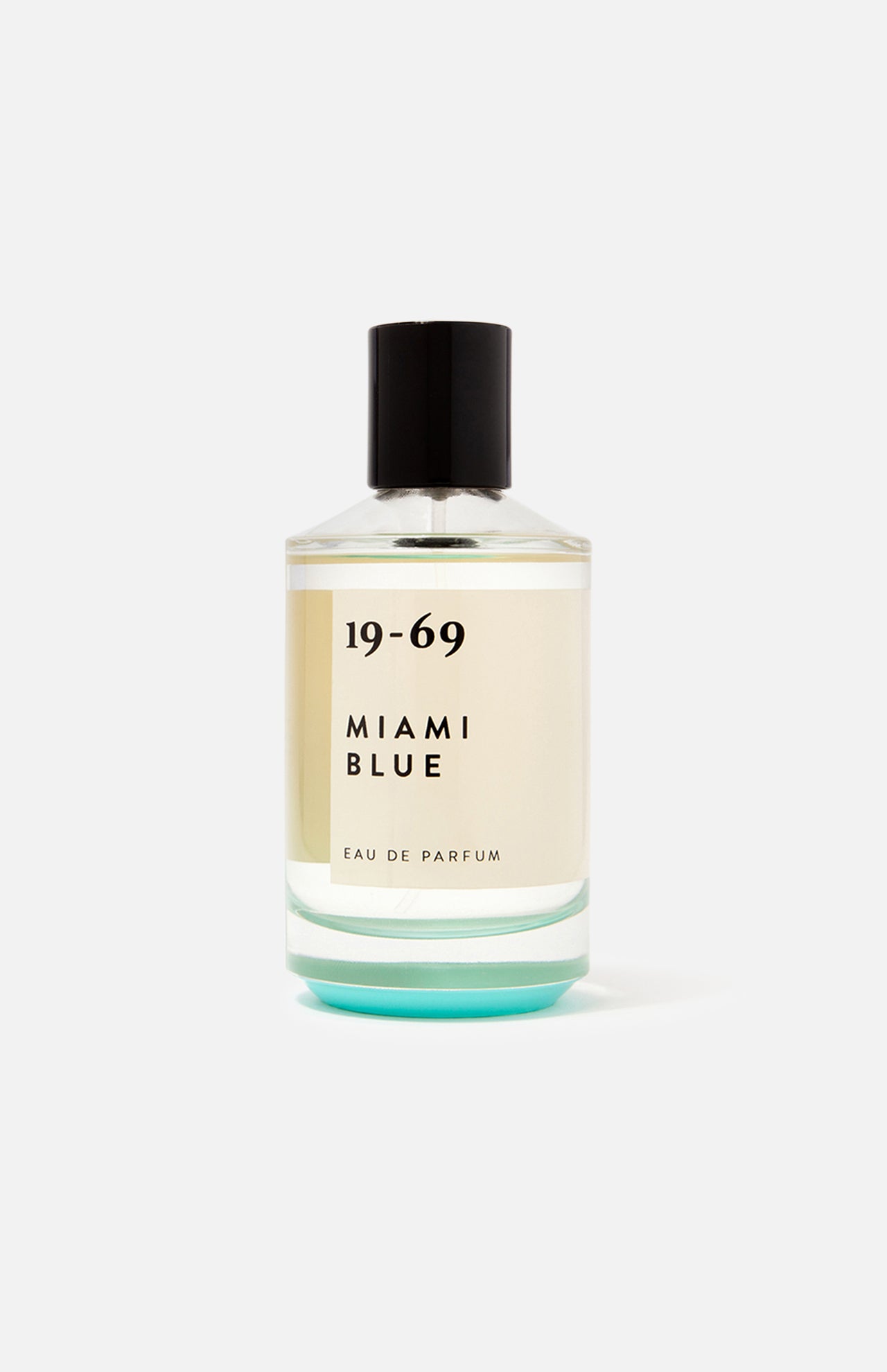 A clear glass bottle of 19-69 Miami Blu EDP 100 ml Fragrance—a unisex scent with fresh aquatic notes—features a black cap and minimalist label, displayed on a white background.