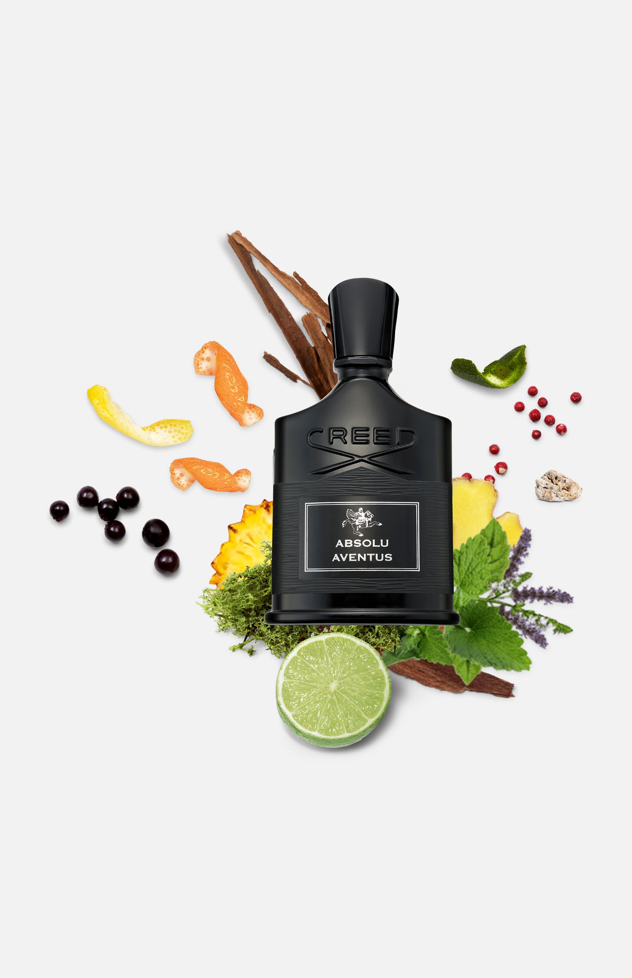 A black CREED Absolu Aventus 100 ml Fragrance bottle is surrounded by lime, flowers, leaves, peppercorns, citrus peels, and berries on a white background, highlighting the fragrance’s fresh and natural ingredients. The arrangement emphasizes the signature CREED scent with its vibrant citrus aroma and subtle notes of pineapple and patchouli.