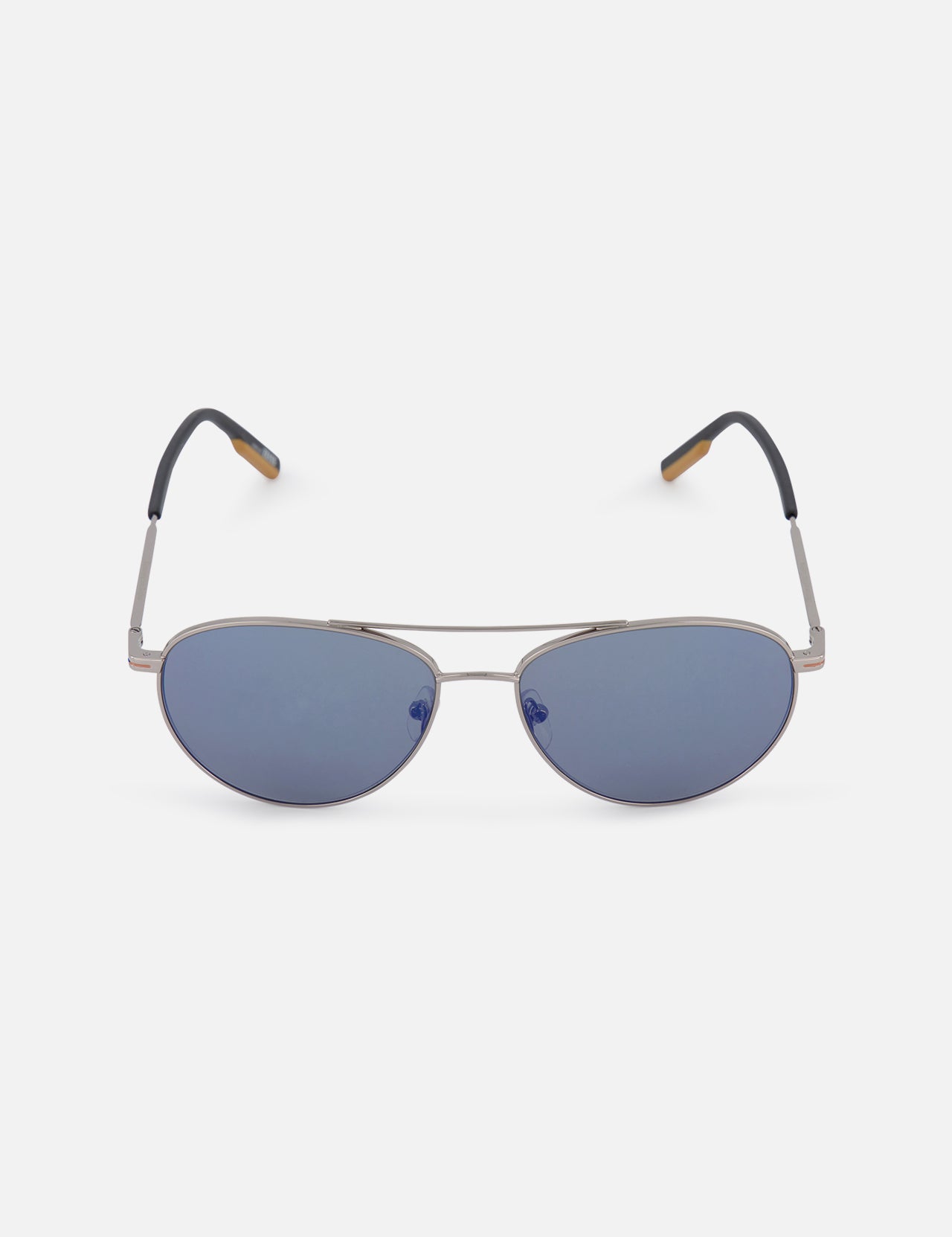 The ZEGNA Light Ruthenium Sunglasses feature a sophisticated aviator style with a sleek double bridge, silver metal frames, blue-tinted lenses, and black and brown ear tips, displayed on a plain white background.