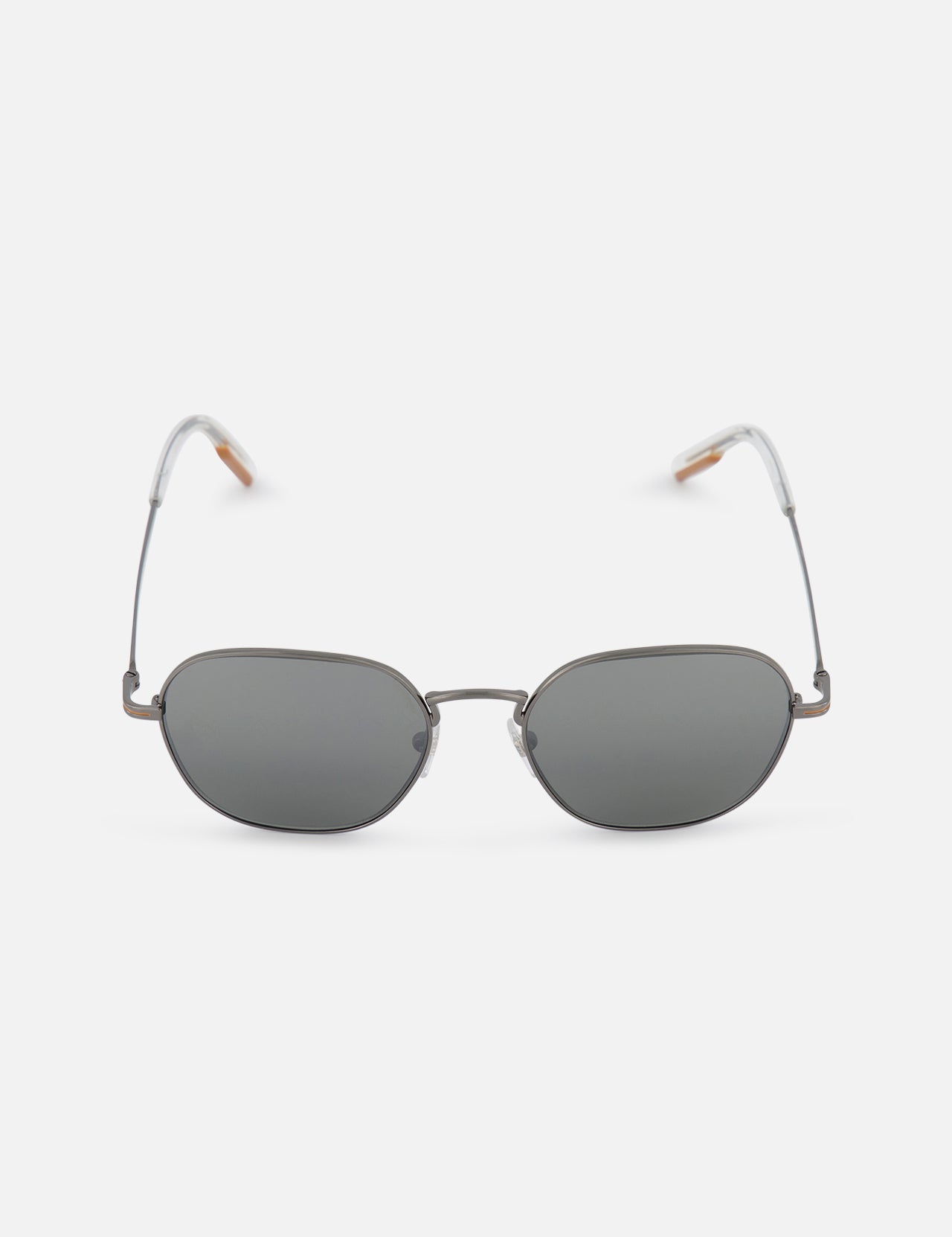 The ZEGNA Smoke Mirror Sunglasses feature oval-shaped, dark lenses and a thin metal frame with subtly curved temples, presented against a plain white background—a timeless statement in fashionable eyewear.