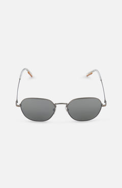 The ZEGNA Smoke Mirror Sunglasses feature oval-shaped, dark lenses and a thin metal frame with subtly curved temples, presented against a plain white background—a timeless statement in fashionable eyewear.