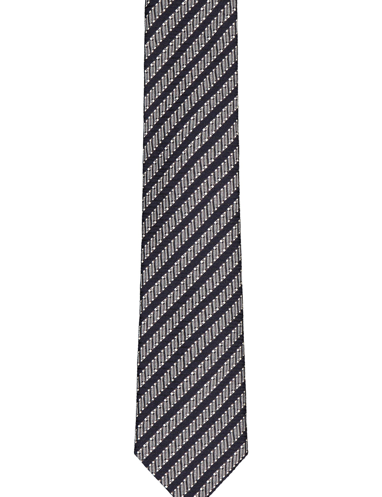 The ZEGNA Silk and Wool Jacquard Tie features a dark grey design with diagonal light stripes and a subtle geometric pattern, making it a refined men's accessory shown on a white background.