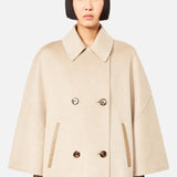 Beige Max Mara Cashmere Button Sleeve Cape Jacket with a double-breasted design, wide sleeves, and brown buttons.
