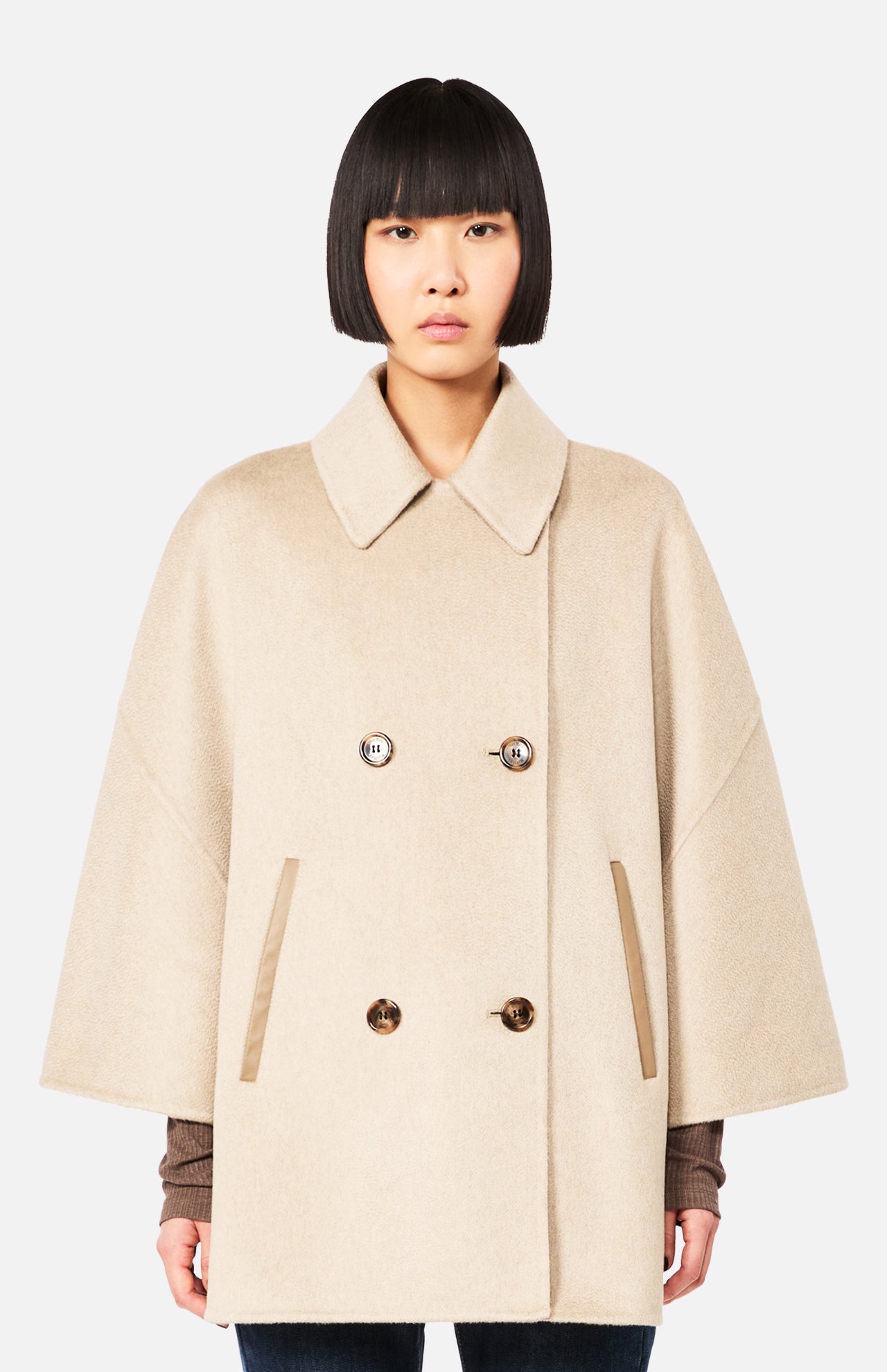 Beige Max Mara Cashmere Button Sleeve Cape Jacket with a double-breasted design, wide sleeves, and brown buttons.