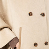 Beige MAX MARA Cashmere Button Sleeve Cape Jacket in a double-breasted silhouette with brown buttons and side pocket openings.