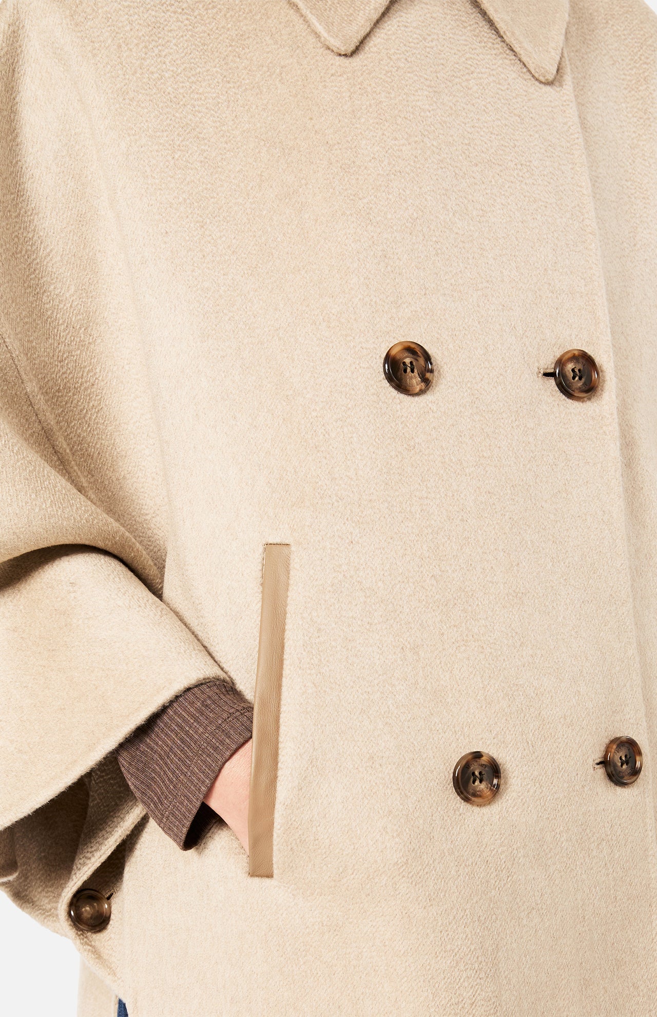 Beige MAX MARA Cashmere Button Sleeve Cape Jacket in a double-breasted silhouette with brown buttons and side pocket openings.