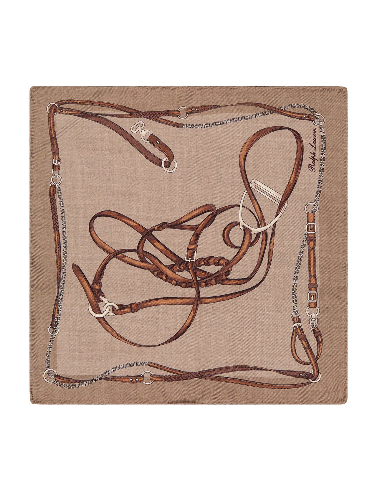 The RALPH LAUREN PURPLE LABEL Pocket Square, made in Italy, showcases brown leather horse bridles, metal bits, and reins on a light brown background for a refined equestrian-inspired look.