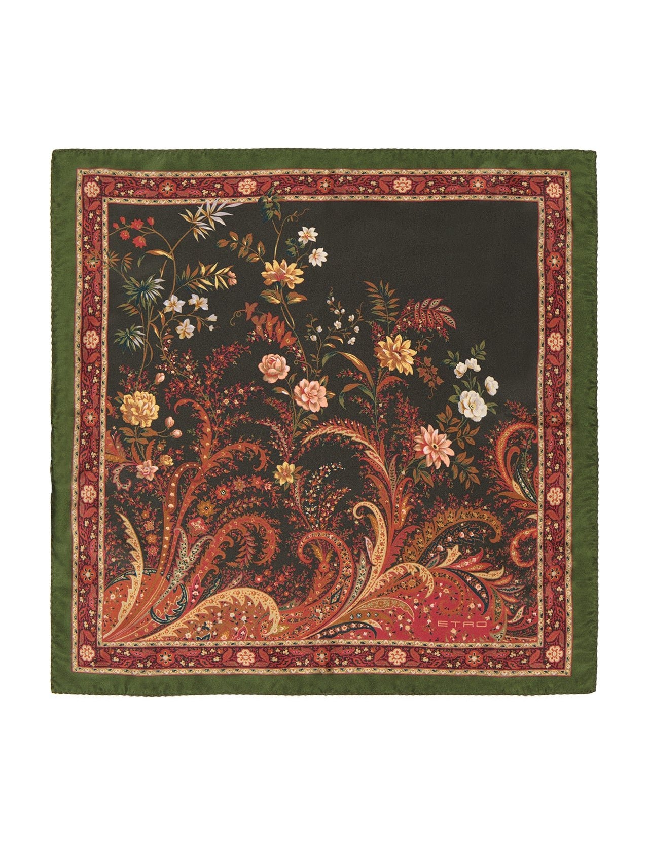 The ETRO Pocket Square features a green border, red inner border with floral motifs, and a central design of ornate paisley and vibrant blooming flowers on black—an elegant silk accessory for any occasion.