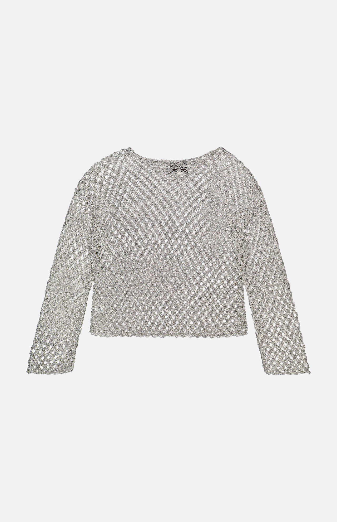 The TWP Hand Crochet Slash Neck Top is a long-sleeved, silver mesh sweater with a diamond pattern and boxy fit, shown on a white background.