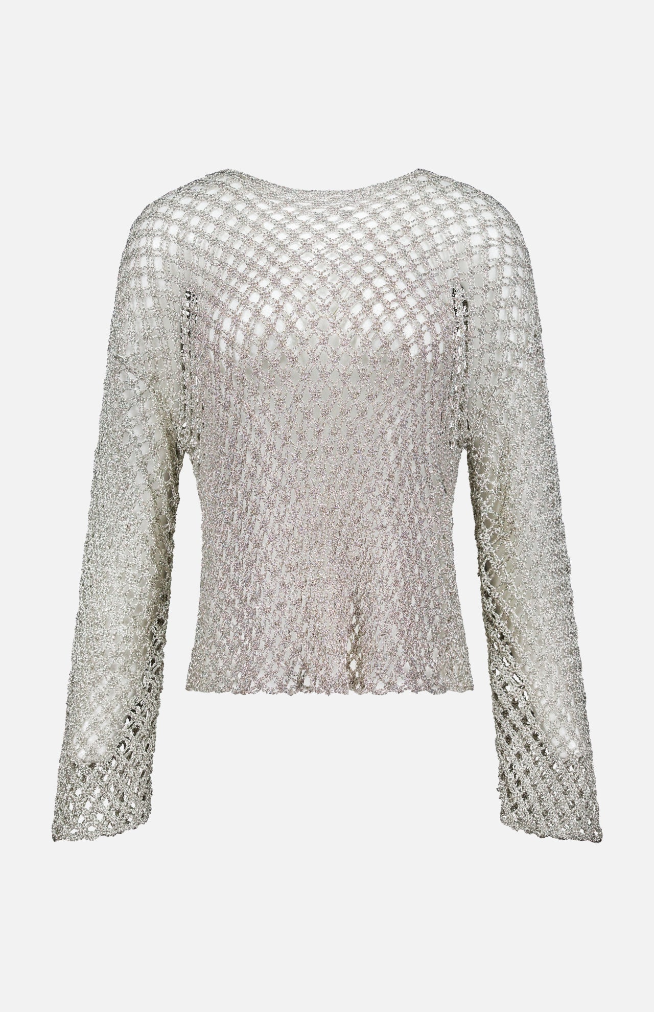 The TWP Hand Crochet Slash Neck Top is a silver, long-sleeved open-knit sweater with a fishnet-style mesh, round neckline, and flared hem, shown on a plain white background.