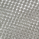 Close-up of the TWP Hand Crochet Slash Neck Top, showing its silver metallic mesh fabric with an open, net-like pattern and diagonal intertwined threads that let light filter through.