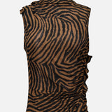 Veronica Beard Briana Ziger Print Top featuring a sleeveless mock-neck design in a brown and black zebra print with side-ruched detailing.