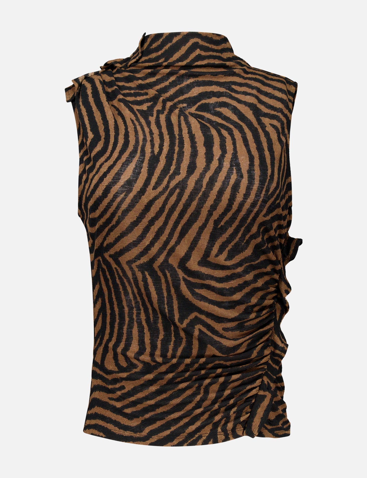 Veronica Beard Briana Ziger Print Top featuring a sleeveless mock-neck design in a brown and black zebra print with side-ruched detailing.