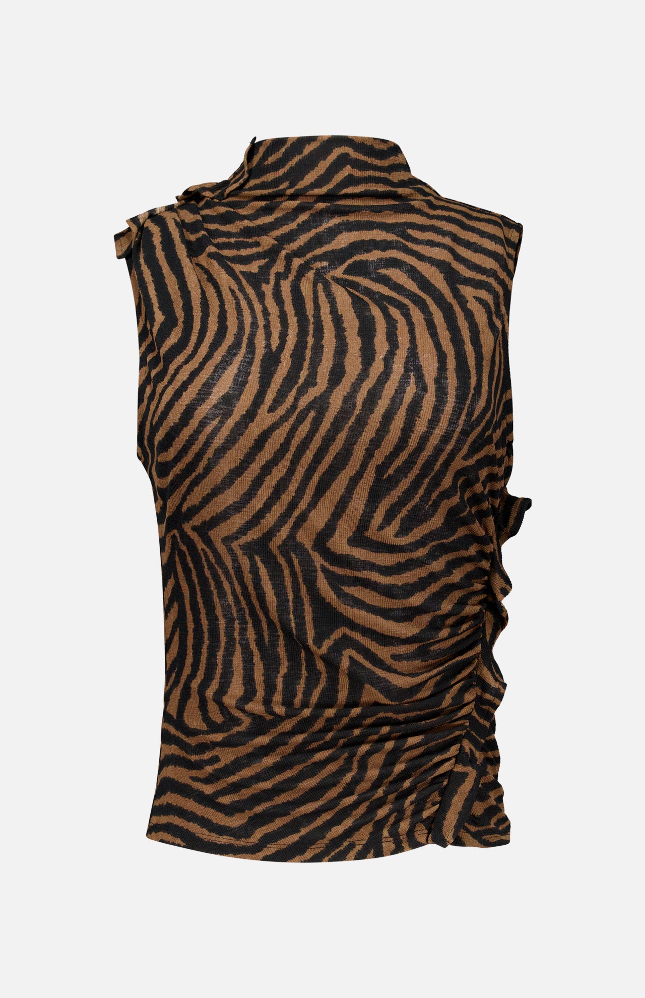 Veronica Beard Briana Ziger Print Top featuring a sleeveless mock-neck design in a brown and black zebra print with side-ruched detailing.