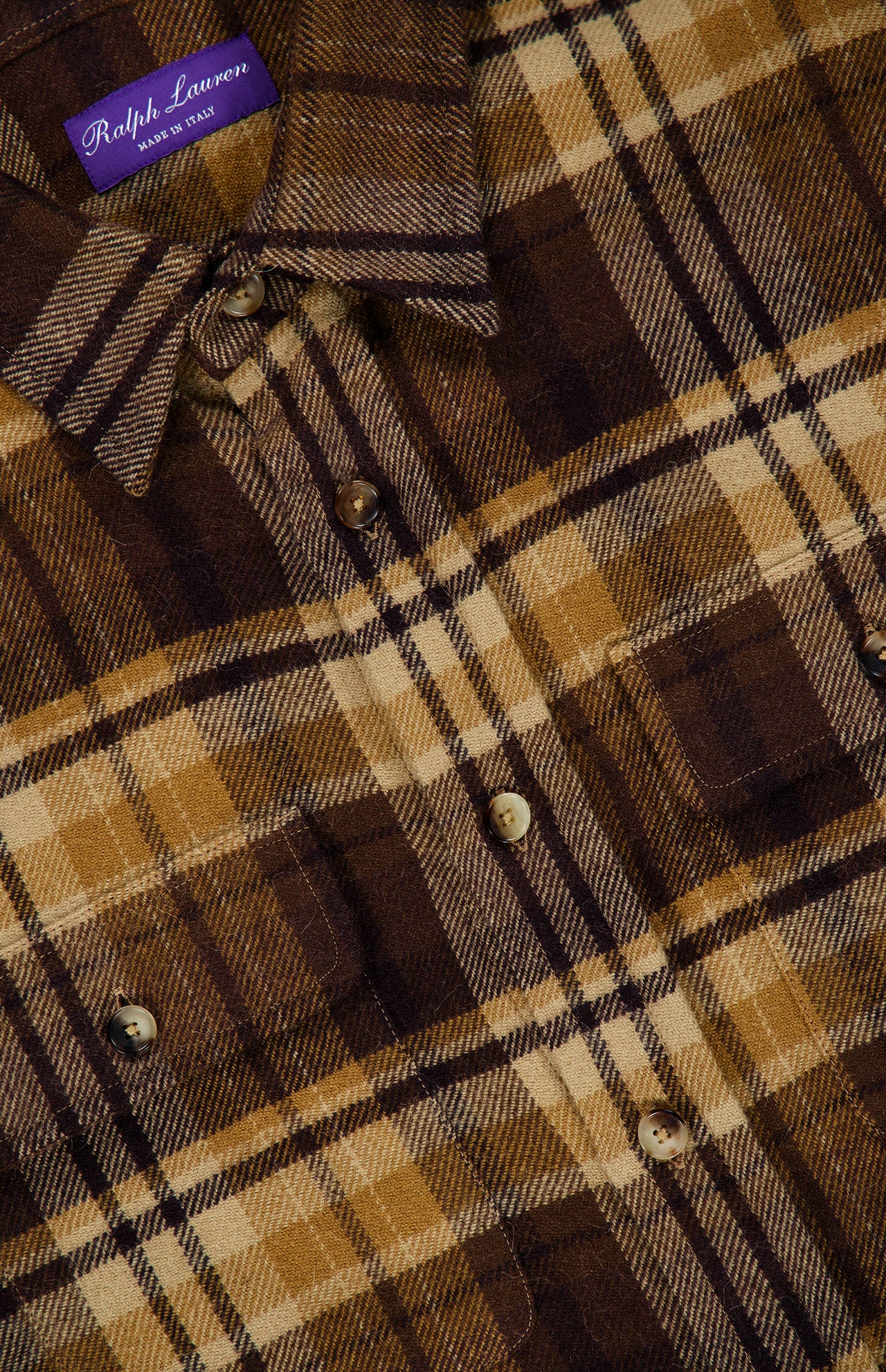 Cooper Wool Plaid Sport Shirt in a brown and tan button-down wool plaid pattern with two chest pockets and genuine horn buttons.