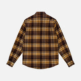 Back view of a brown and tan plaid Ralph Lauren Purple Label Cooper Wool Plaid Sport Shirt with long sleeves and button-down styling.