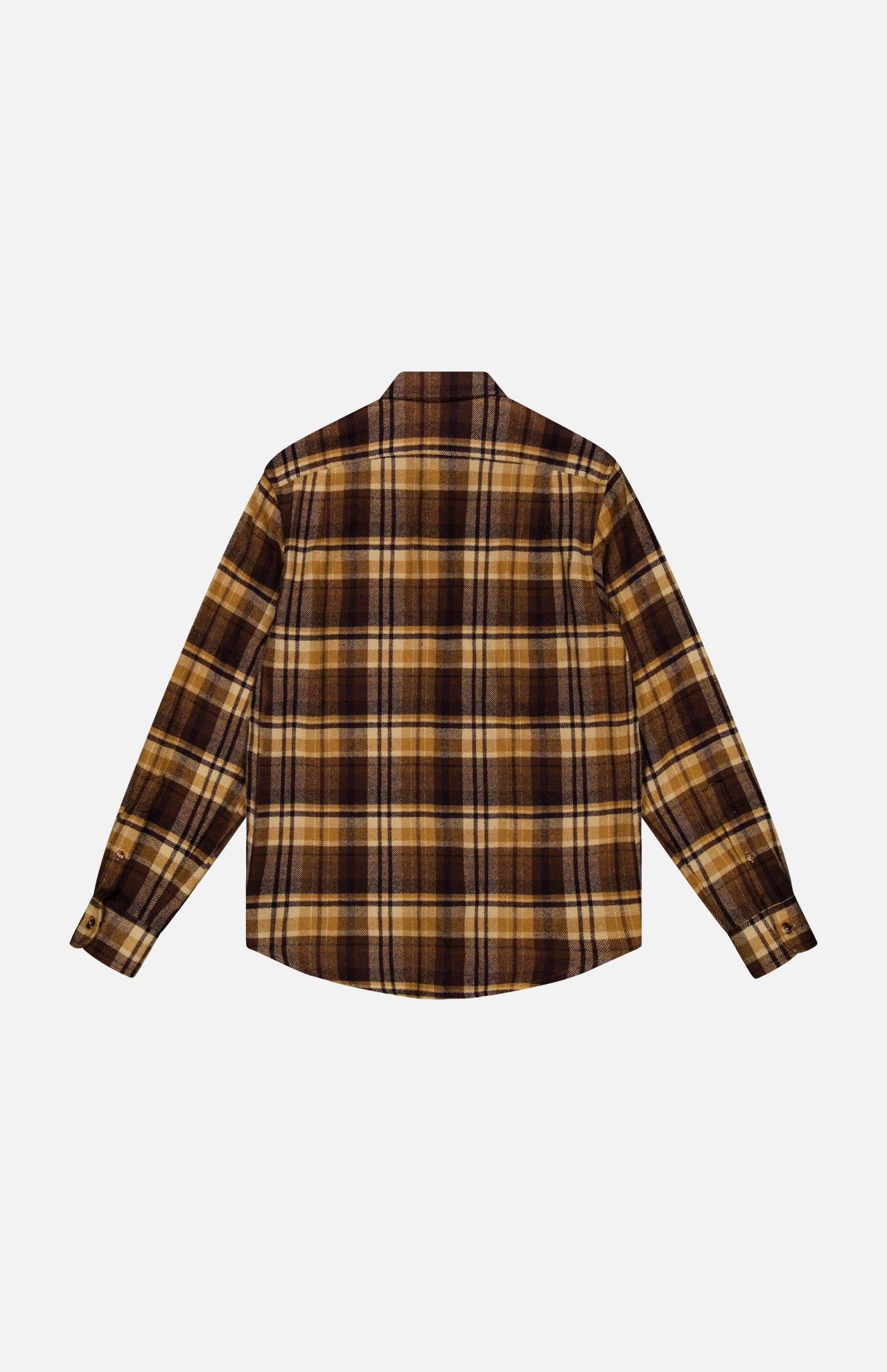Back view of a brown and tan plaid Ralph Lauren Purple Label Cooper Wool Plaid Sport Shirt with long sleeves and button-down styling.