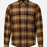 Ralph Lauren Purple Label Cooper Wool Plaid Sport Shirt in brown and tan, featuring two button-flap chest pockets and genuine horn buttons.