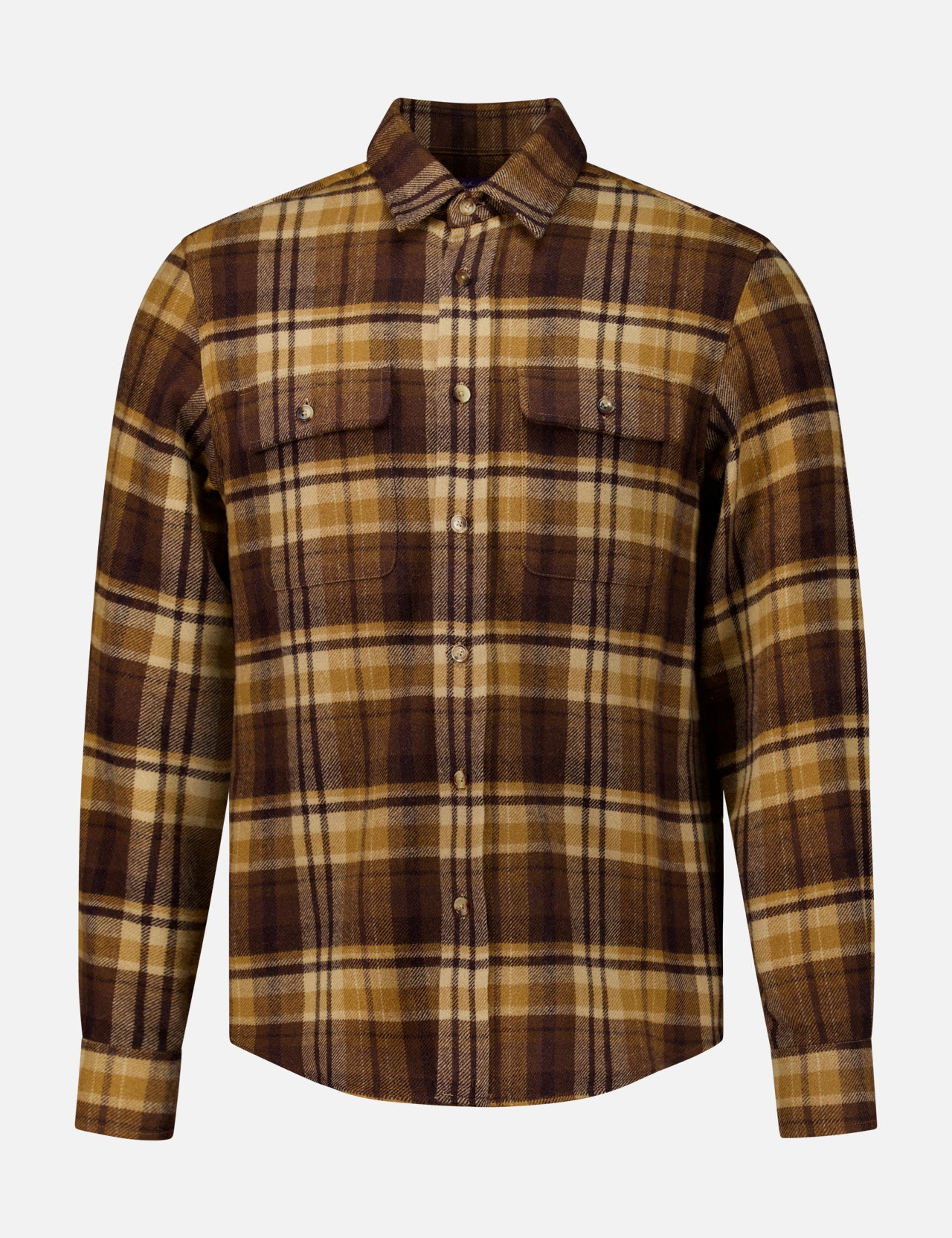 Ralph Lauren Purple Label Cooper Wool Plaid Sport Shirt in brown and tan, featuring two button-flap chest pockets and genuine horn buttons.