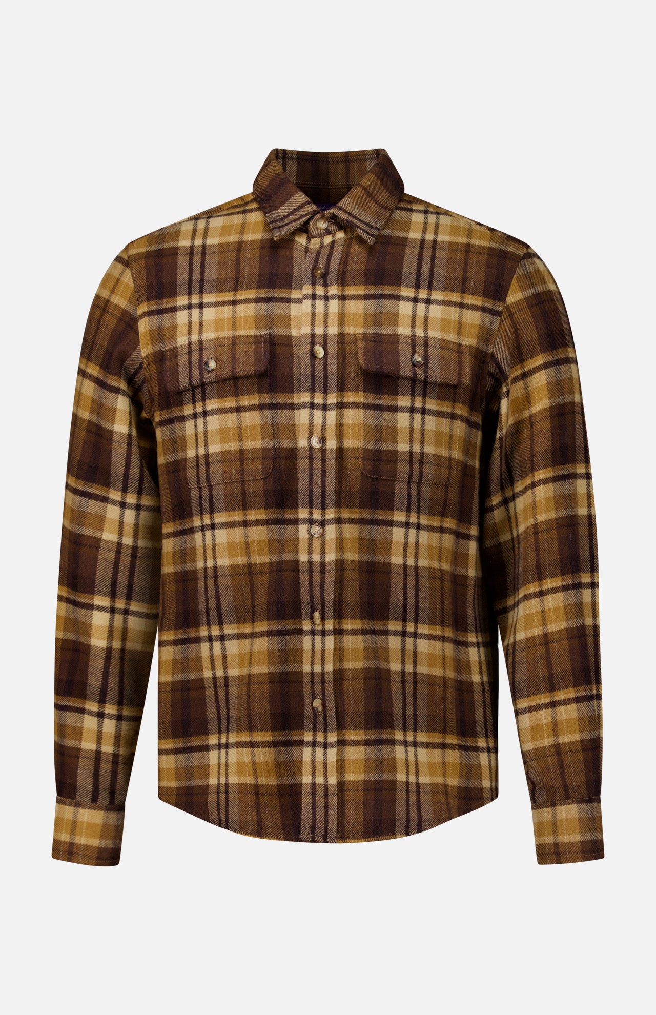 Ralph Lauren Purple Label Cooper Wool Plaid Sport Shirt in brown and tan, featuring two button-flap chest pockets and genuine horn buttons.