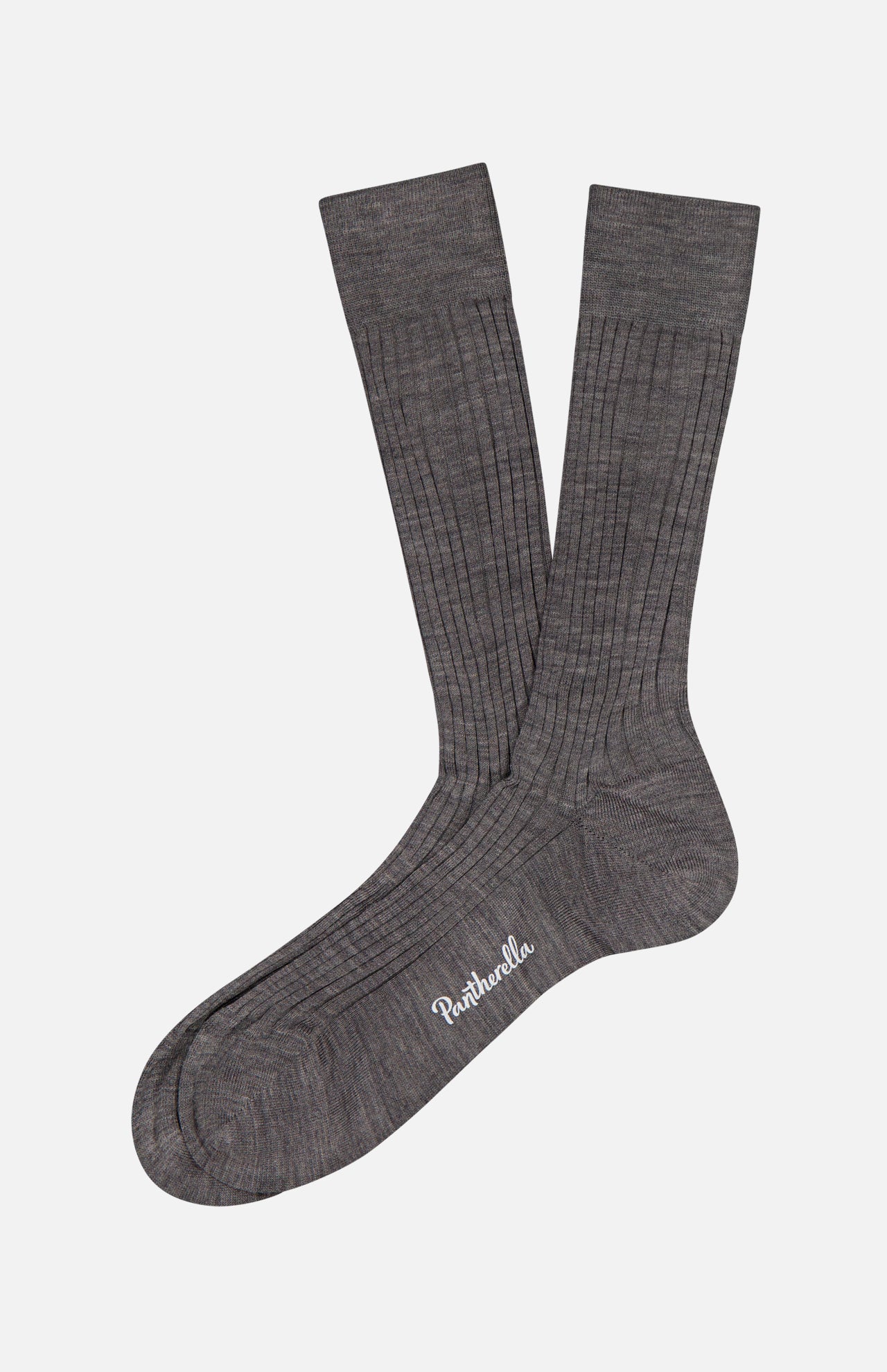 A pair of Pantherella Laburnum Short 5x3 Rib Socks in grey Merino wool, featuring white “Pantherella” text on the sole, laid flat on a white background.
