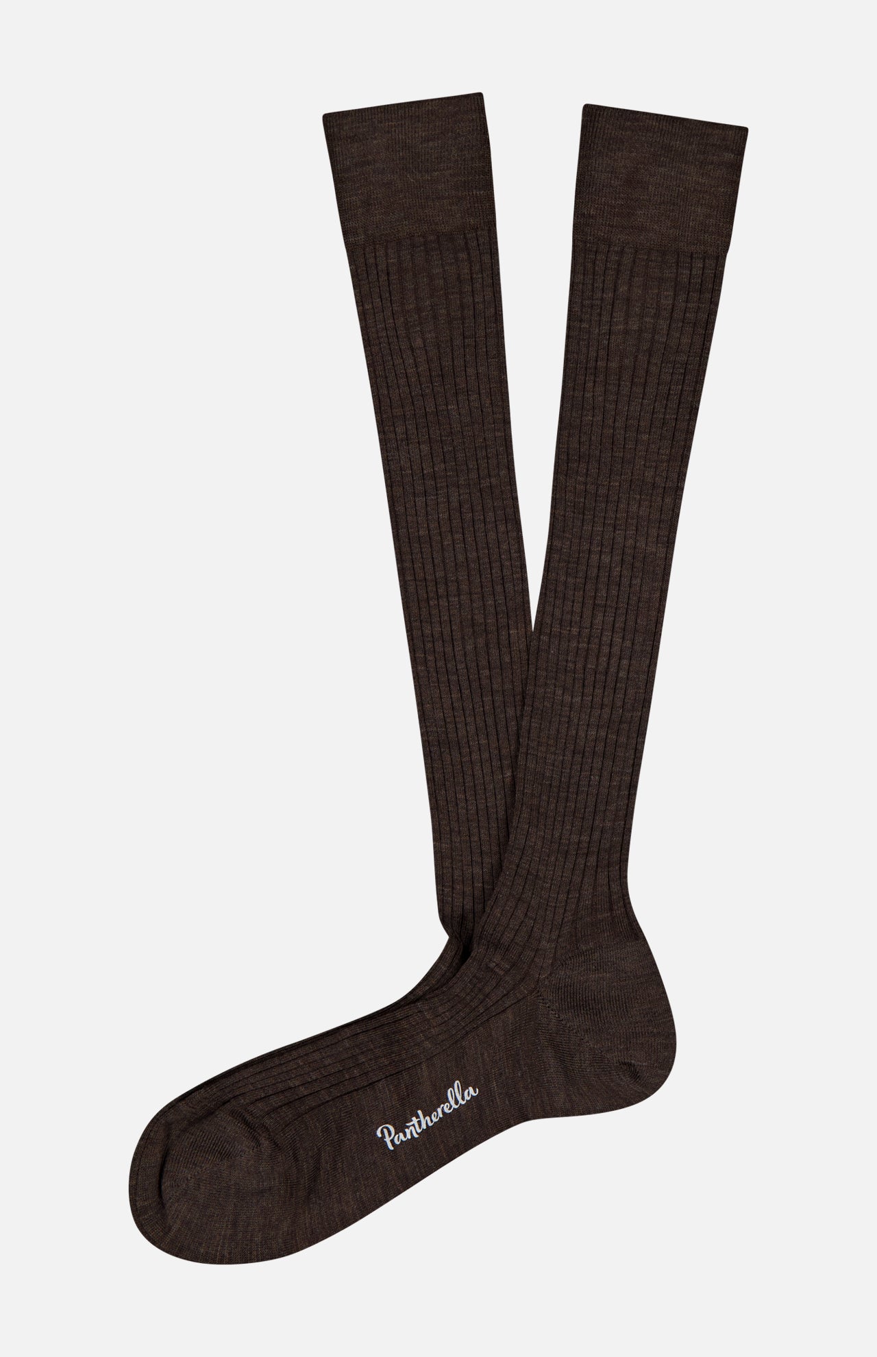 A pair of dark brown Laburnum Long 5x3 Rib Socks by PANTHERELLA, crafted in Merino wool with white branding on the sole, displayed on a plain white background. Made in England for lasting style and comfort.