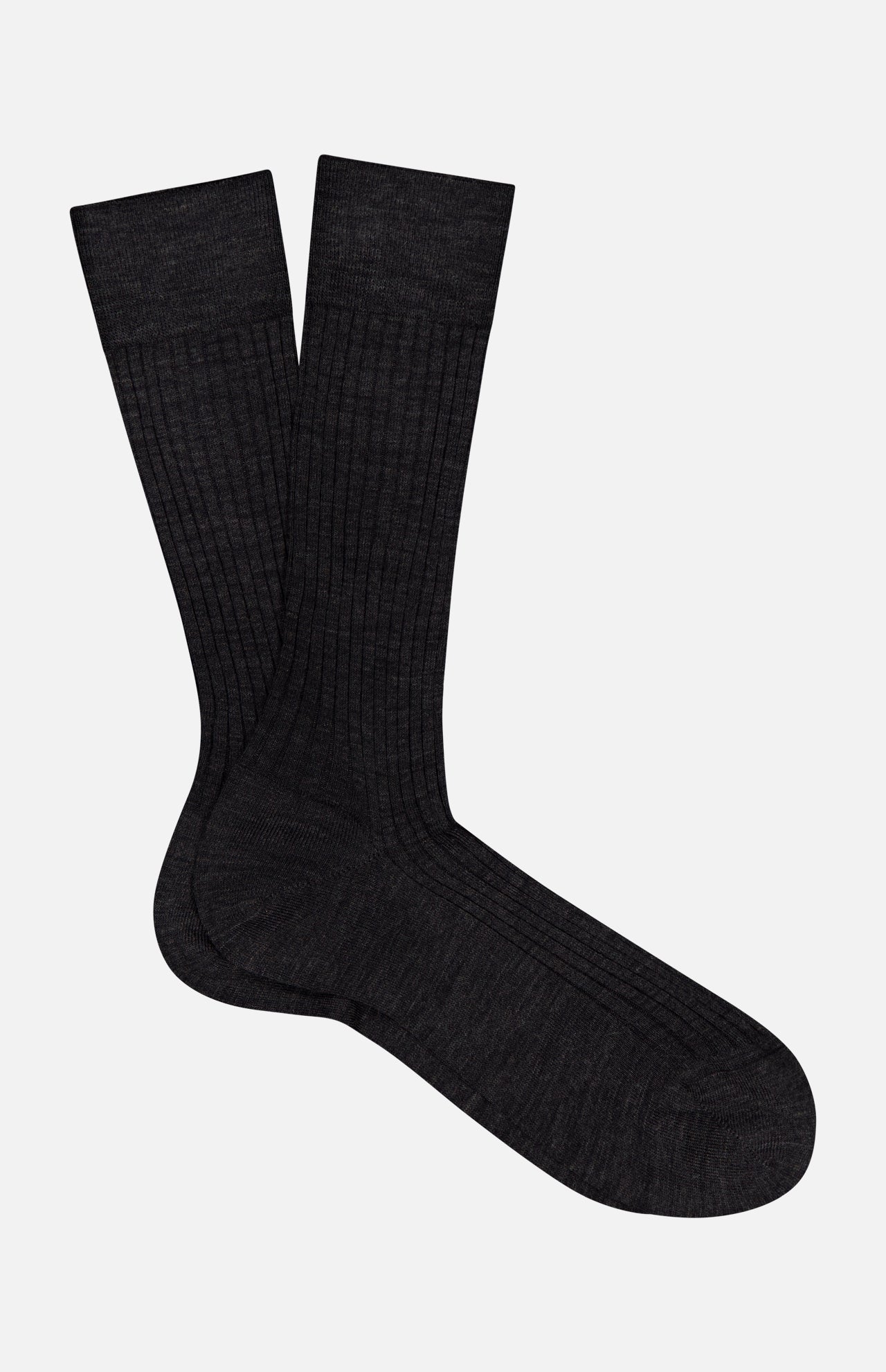 The PANTHERELLA Laburnum Short 5x3 Rib Sock in black Merino wool is shown laid flat on a white background, with one sock overlapping the other.