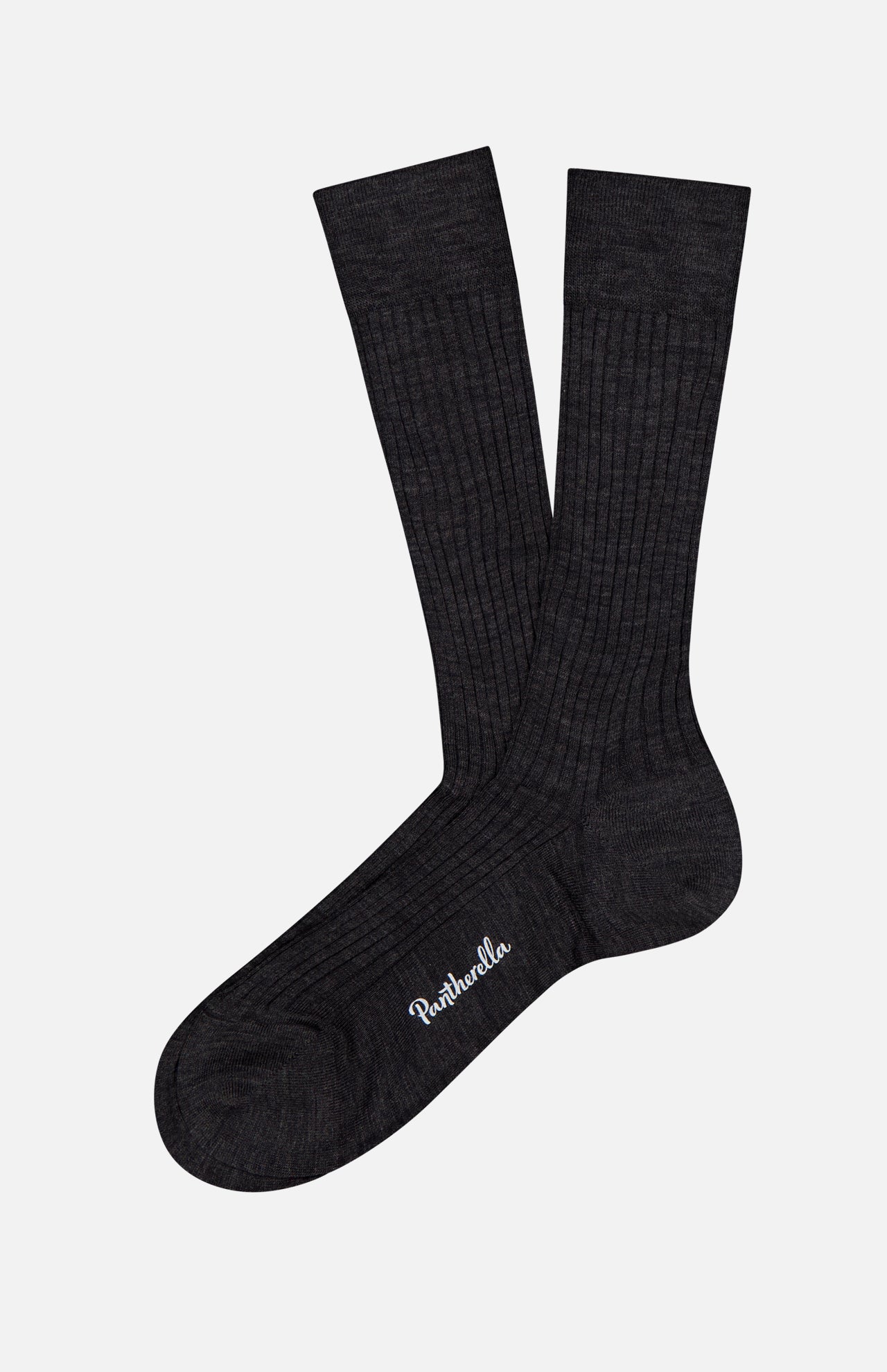 A pair of Laburnum Short 5x3 Rib Socks in dark gray Merino wool by PANTHERELLA, featuring white embroidered branding near the toe, made in England and shown on a white background.