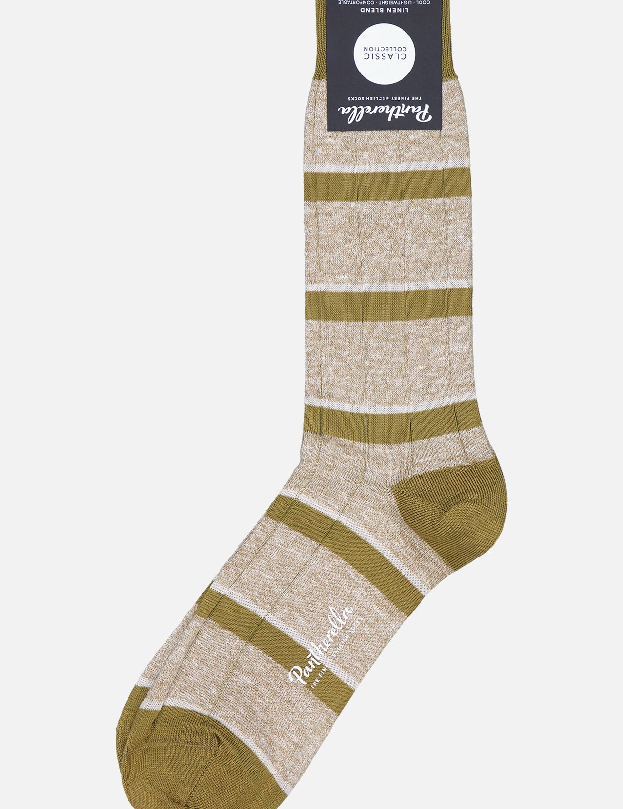 The Samarkand Sock by PANTHERELLA features a beige linen blend with wide olive green stripes and matching accents on the toe, heel, and cuff—a refined English classic that elevates any wardrobe.
