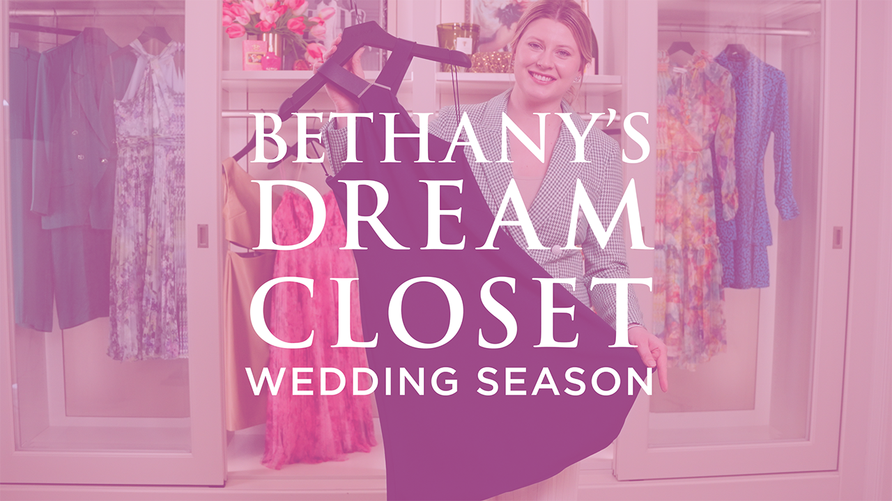image with text "Bethany's Dream Closet Wedding Season" image is of personal shopper Bethany Burton holding a black mini dress from Ralph Lauren for a cocktail wedding 