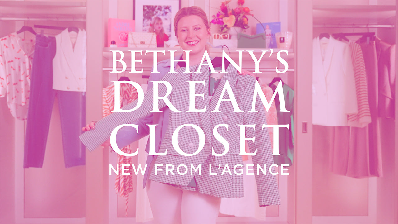 image with text "Bethany's Dream Closet New from L'agence" image is of personal shopper Bethany Burton modeling a green L'agence blazer with a houndstooth print. 