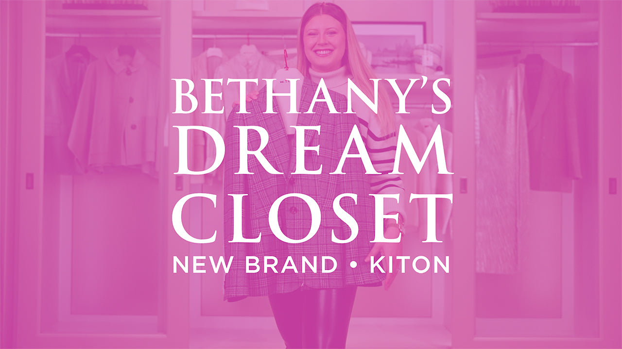 image with text "Bethany's Dream Closet New Brand Kiton" image is of a woman holding a plaid blazer from Kiton