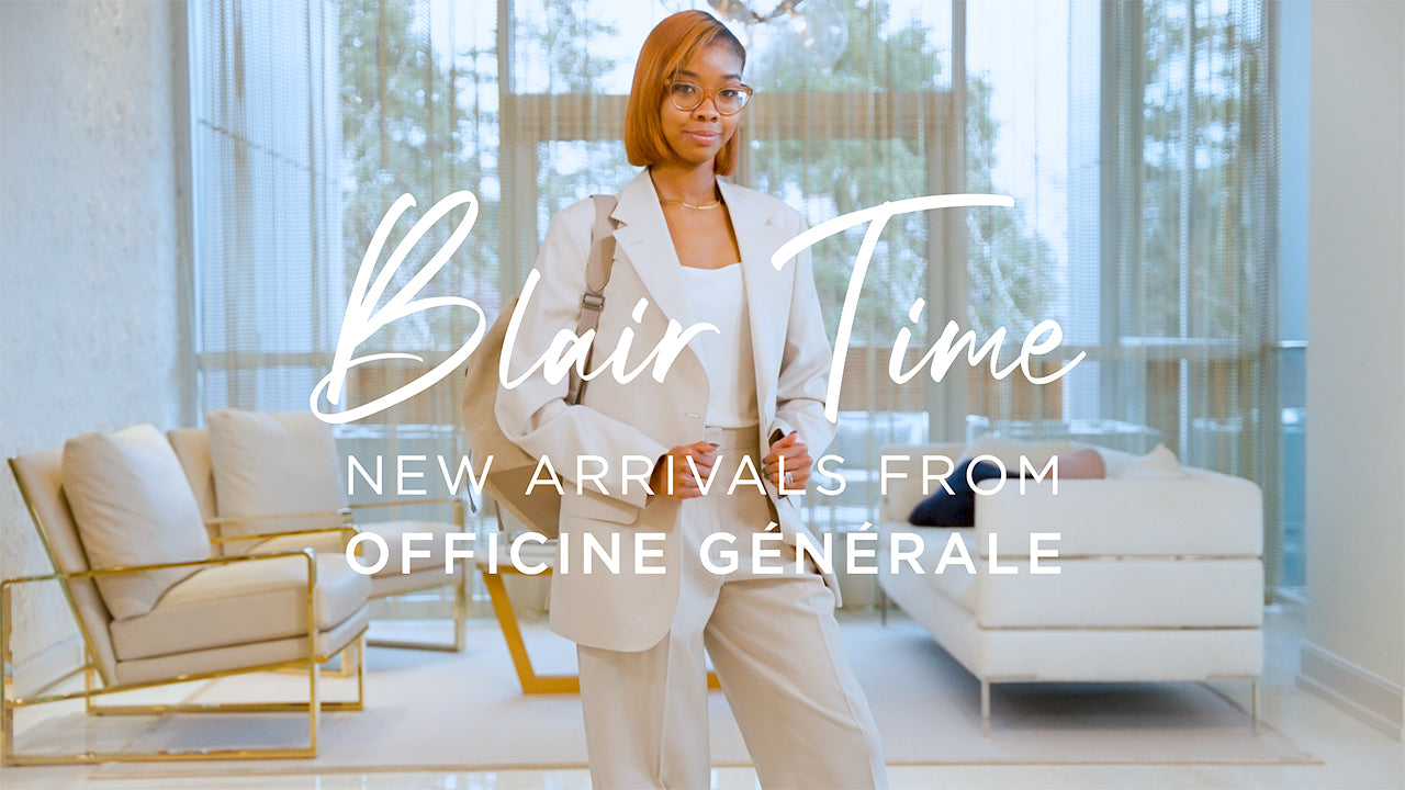 image with text "Blair Time New Arrivals from Officine Generale" image is of model wearing a tan modern fitting suit