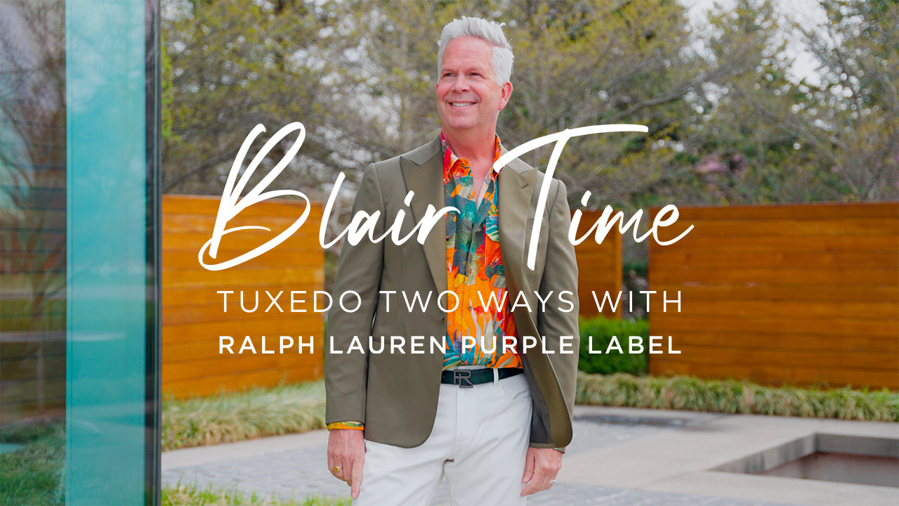 image with text "Blair Time Tuxedo Two Ways With Ralph Lauren Purple Label" image is of personal shopper Blair Dame modeling a loden green tuxedo from Ralph Lauren