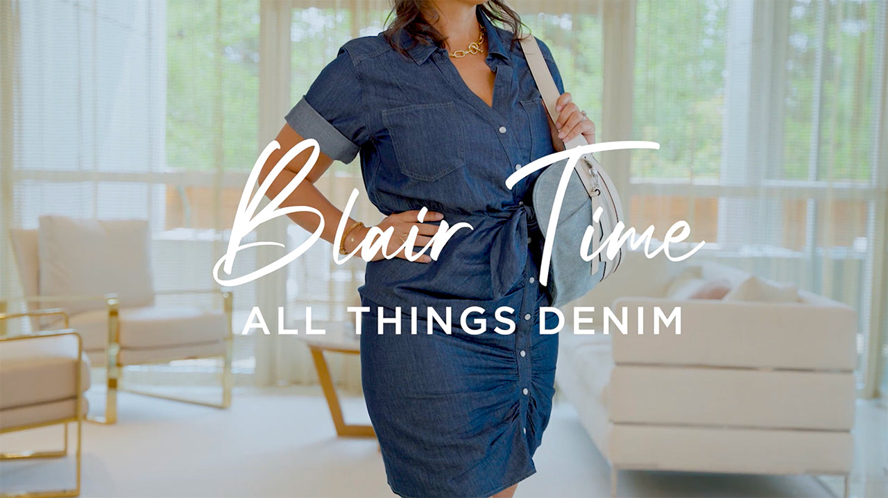image with text "Blair Time all things denim" image is of model wearing a denim styled shirt dress