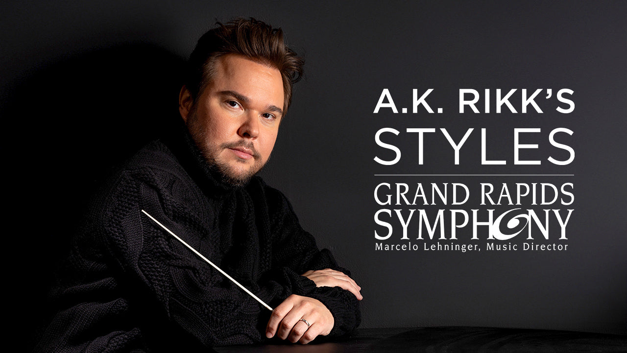 image with text "A.K. Rikk's Styles Grand Rapids Symphony Marcelo Lehninger, Music Director" image is a head shot of conductor Marcelo Lehninger posi