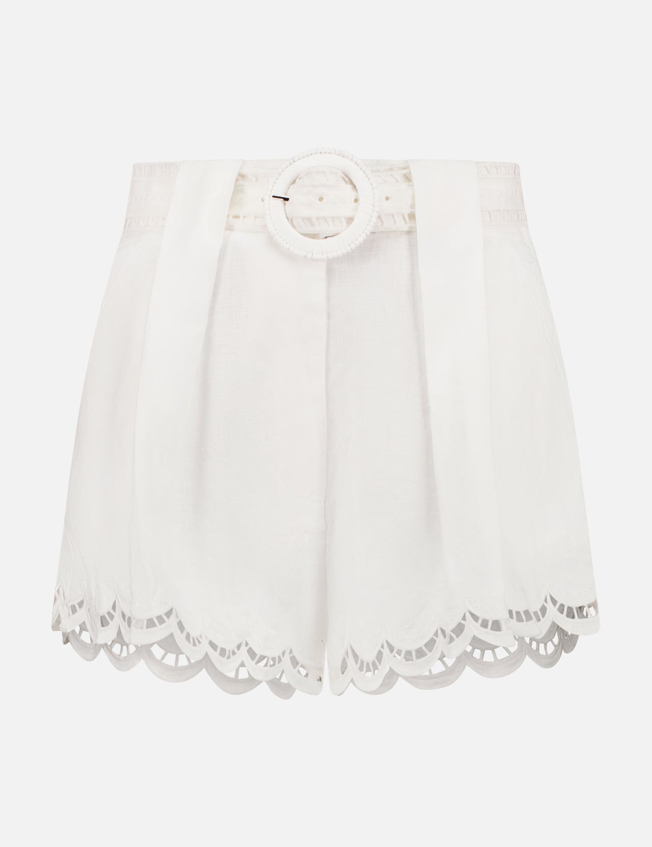 FARM RIO Richelieu Running Shorts: White high-waisted shorts with a wide belt, round buckle, scalloped hem, and delicate eyelet details in semi-sheer, lightweight fabric.